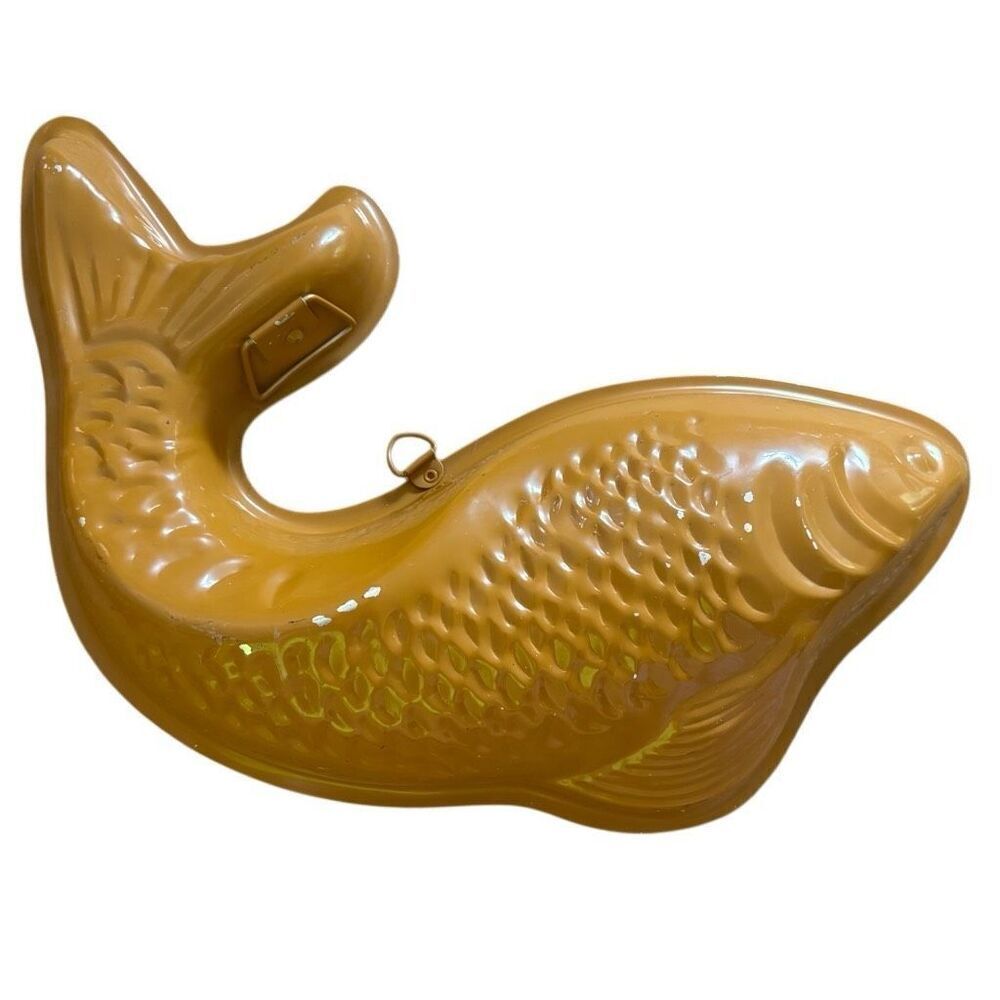 Vintage Yellow Fish Shaped Metal Wall Hanging Jello Food Mold Pan